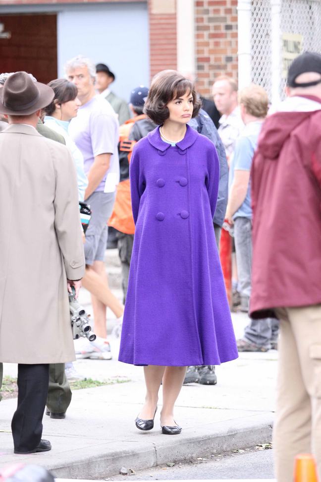 Katie Holmes, purple trench coat, jackie kennedy, on the set